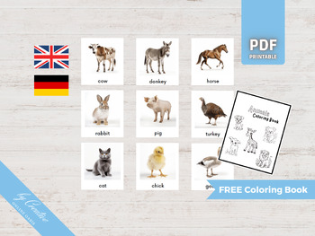 Preview of FARM ANIMALS • 18 Montessori Cards • German Spanish Flashcard • Nomenclature Edu