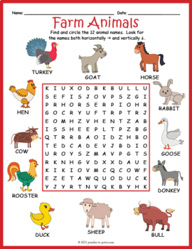 Farm Animal Word Search Puzzle by Puzzles to Print | TpT