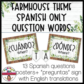 Preview of FARMHOUSE THEMED SPANISH QUESTION POSTERS with English translations + PLUS SIGN