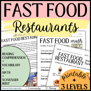 Preview of FAST FOOD RESTAURANT SKILLS | Reading Comprehension, Menu Math & Scavenger Hunt