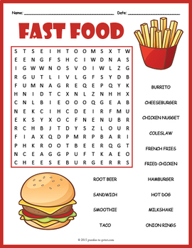 FAST FOOD Word Search Puzzle Worksheet Activity