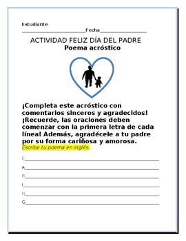 Preview of FATHER'S DAY ACROSTIC: ESL/ SPANISH         GRS. 5-8