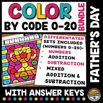 Preview of FATHER'S DAY COLOR BY NUMBER ADDITION & SUBTRACTION COLORING PAGE WITHIN 20 JUNE