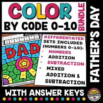 Preview of FATHER'S DAY COLOR BY NUMBER ADDITION & SUBTRACTION TO 10 JUNE COLORING PAGE
