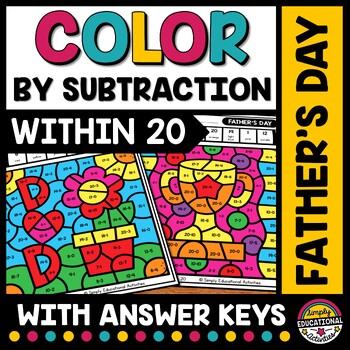 Preview of FATHER'S DAY MATH ACTIVITY COLOR BY NUMBER CODE SUBTRACTION TO 20 WORKSHEETS