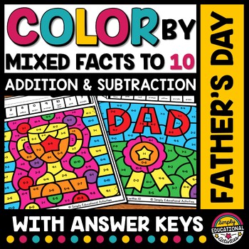 Preview of FATHER'S DAY MATH COLOR BY NUMBER MIXED ADDITION & SUBTRACTION TO 10 SHEETS