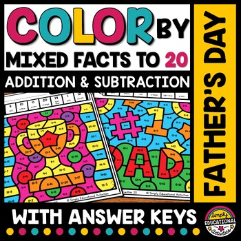 Preview of FATHER'S DAY MATH COLOR BY NUMBER MIXED ADDITION & SUBTRACTION TO 20 SHEETS