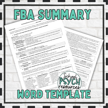 Preview of FBA Functional Behavior Assessment Summary Template School Psychology Special Ed