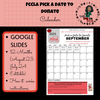 Preview of FCCLA PICK A DATE TO DONATE CALENDAR (FUNDRAISER)