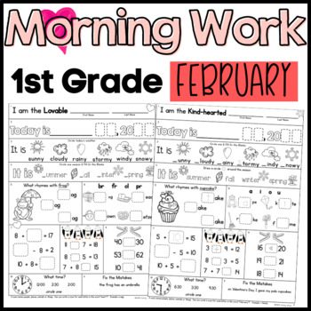 Preview of February First Grade Morning Work Math and ELA Digital and PDF