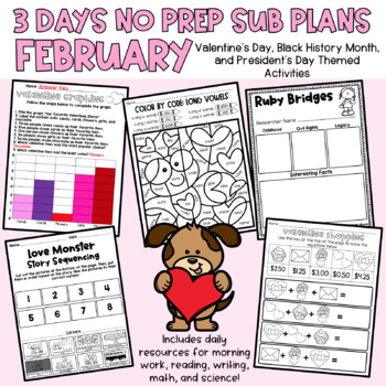 Preview of FEBRUARY SUB PLANS: 3 Days No Prep Valentine Sub Plans 2nd Grade Emergency