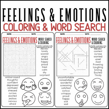 FEELINGS & EMOTIONS Emoji coloring & word search puzzle worksheets for kids