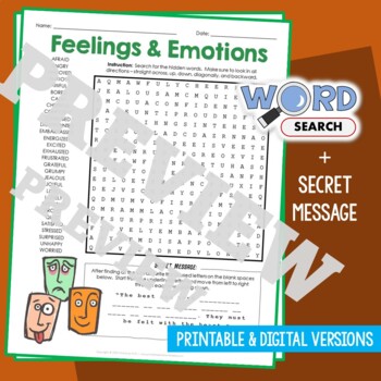 Preview of FEELINGS & EMOTIONS Word Search Puzzle Activity Vocabulary Worksheet Secret Code