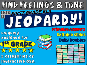 Preview of FEELINGS & TONE - First Grade ELA JEOPARDY! handouts & Interactive PPT Gameboard
