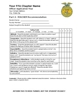 Preview of FFA Officer Application & Interviews: Teacher Recommendation Form