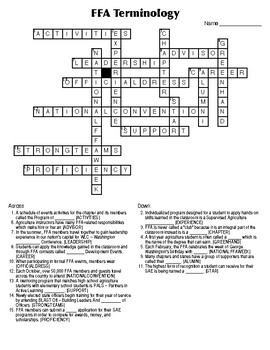 FFA Terminology Crossword by Agricultural Education Made Easy TpT
