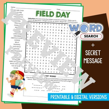Preview of FIELD DAY Word Search Puzzle Activity Vocabulary Worksheet With Secret Message