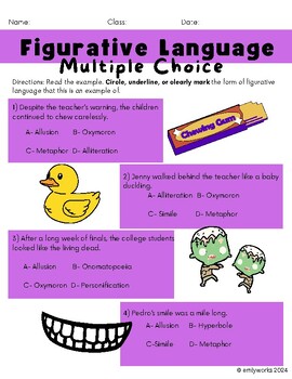 Preview of FIGURATIVE LANGUAGE MULTIPLE CHOICE QUIZ