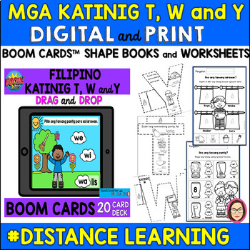 Preview of FILIPINO CONSONANTS T, W and Y SHAPE BOOKS, WORKSHEEETS and BOOM Cards™ BUNDLE