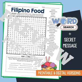 Preview of FILIPINO FOOD Word Search Puzzle Activity Vocabulary Worksheet Secret Message