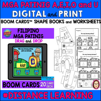 Preview of FILIPINO VOWELS A,E,I,O and U SHAPE BOOKS, WORKSHEEETS and BOOM Cards™ BUNDLE