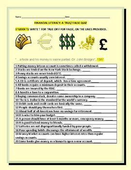 Preview of FINANCIAL LITERACY: A 40 STATEMENT, TRUE/FALSE QUIZ W/ ANSWER KEY