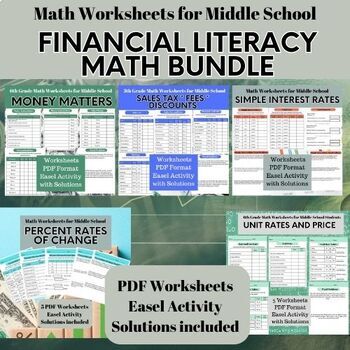 Preview of FINANCIAL LITERACY WORKSHEETS BUNDLE-Middle School Math Worksheets