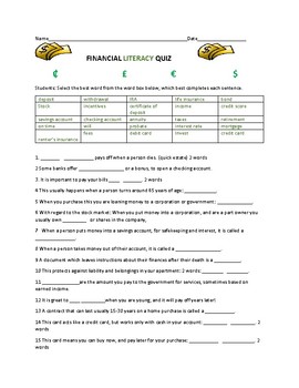 Preview of FINANCIAL LITERACY QUIZ -25 questions, w/answer key, 2 financial bonus quotes
