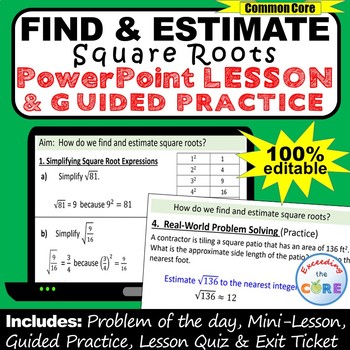 Preview of FIND AND ESTIMATE SQUARE ROOTS PowerPoint Lesson & Practice | Distance Learning