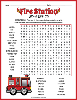 FIRE STATION SAFETY THEMED Word Search Puzzle Worksheet Activity