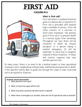 Preview of FIRST AID and CALLING 911 - Life Skills - Heath - Reading Comprehension