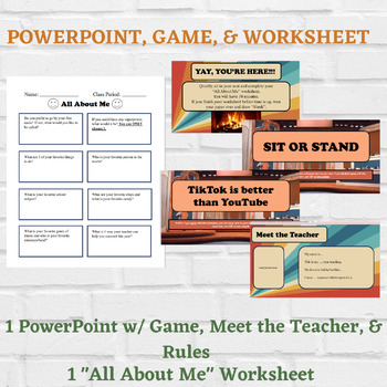 Preview of FIRST DAY OF SCHOOL | Secondary Classroom | PowerPoint, Game, & Worksheet