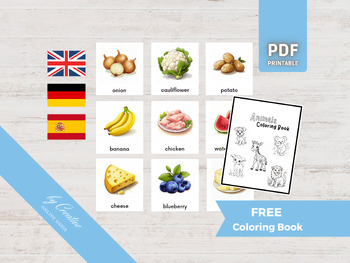 Preview of FIRST FOODS • 28 Montessori Flash Cards German English Spanish Nomenclature PDF