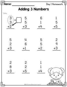FIRST GRADE Math: Adding 3 Numbers 3 Addends Full Week of Worksheets HW