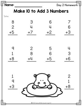 first grade math adding 3 numbers 3 addends full week of worksheets hw