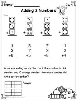 first grade math adding 3 numbers 3 addends full week of worksheets hw