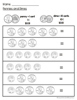 FIRST GRADE Math: Pennies and Dimes_Full Week of Practice Worksheets ...