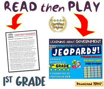 Preview of FIRST GRADE SOCIAL STUDIES JEOPARDY! "LEARN ABOUT GOVERNMENT" handouts & Slides