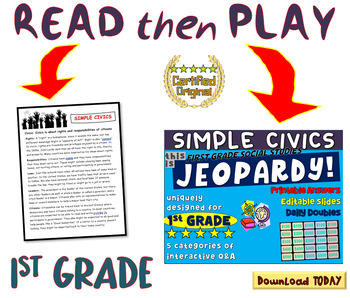 Preview of FIRST GRADE SOCIAL STUDIES JEOPARDY! "SIMPLE CIVICS" handouts & Slides