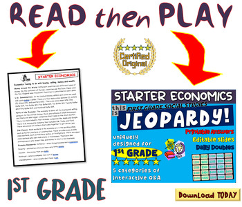 Preview of FIRST GRADE SOCIAL STUDIES JEOPARDY! "STARTER ECONOMICS" handouts & Slides