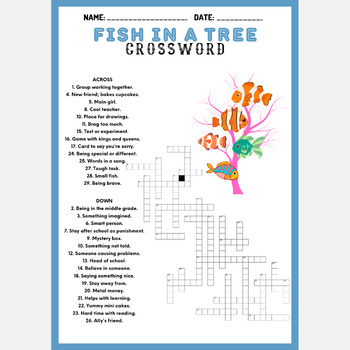 FISH IN A TREE Novel Study crossword puzzle worksheet activity TPT