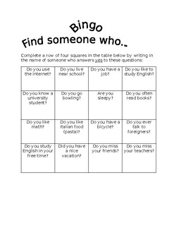 FInd Someone Who Bingo - Present Simple by chihab | TPT