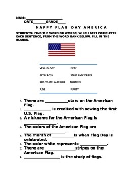 Preview of FLAG DAY WORD BANK ACTIVITY WITH ANSWER KEY