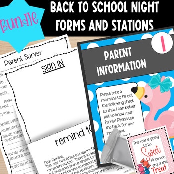 Preview of FLAMINGO Back to School Meet the Teacher Night Stations and Forms | EDITABLE