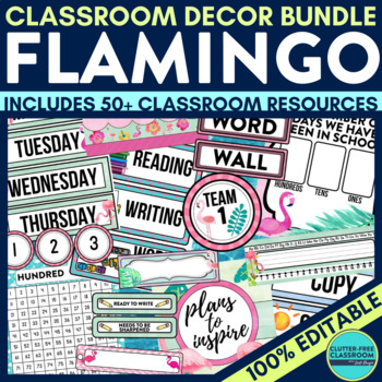 Preview of FLAMINGO Classroom Decor Bundle TROPICAL Theme Decorations bright watercolor fun