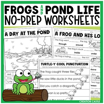 Preview of Frogs and Pond Life Kindergarten Math & Literacy Worksheets