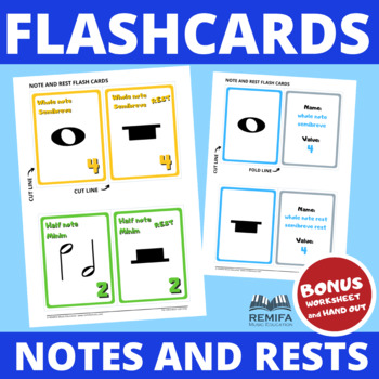 Preview of FLASH CARDS - The notes and rest values - BONUS worksheet and handout.