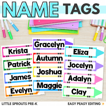 Preview of Editable Name Tags | Crayon Name Tags | Preschool, PreK, Kindergarten