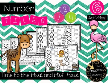 Preview of Telling Time to the Hour and Half Hour Number Tiles - Zoo Theme Activities Math