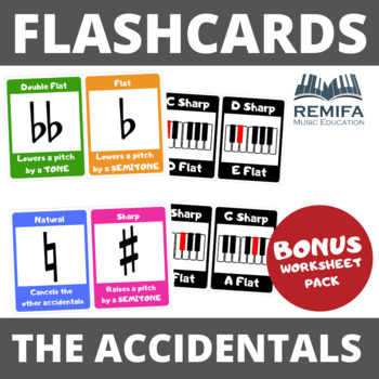 Preview of FLASHCARDS - The Accidentals and sharp/flat piano keys + BONUS Worksheets